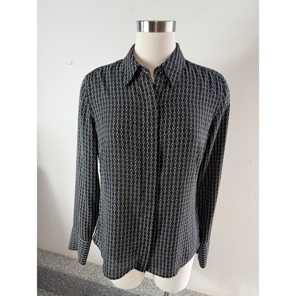 Express Slim Portofino Shirt Womens Small Black White Bit Print Long Sleeve Top